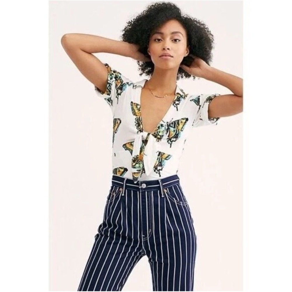 Free People White Butterfly Print Blouse
